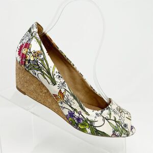 Clarks Women's White Floral Canvas Peep Toe Wedge Heels Size 6 Spring Summer